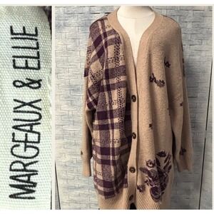 MARGEAUX & ELLIE 2X Plaid Floral Long Cardigan Sweater Women's Beige Purple